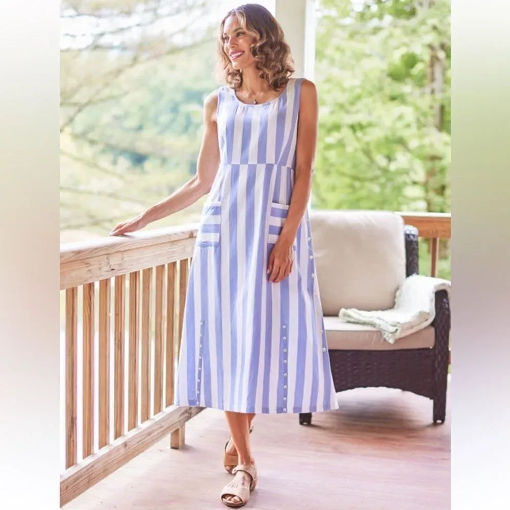 April Cornell XL Nantucket Stripe Periwinkle White Sleeveless Midi Porch Dress